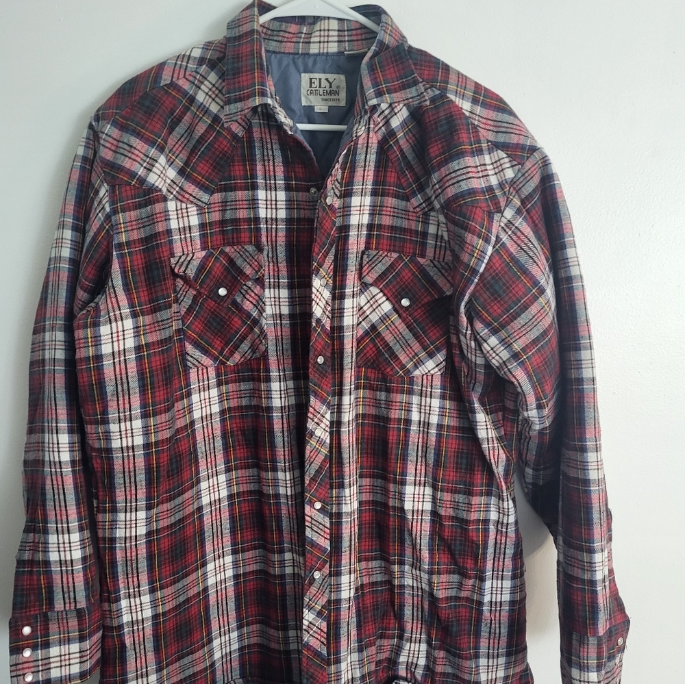 MEN'S ELY CATTLEMAN Black Pearl Snap Long Sleeve Western Shirt; Red; Size L